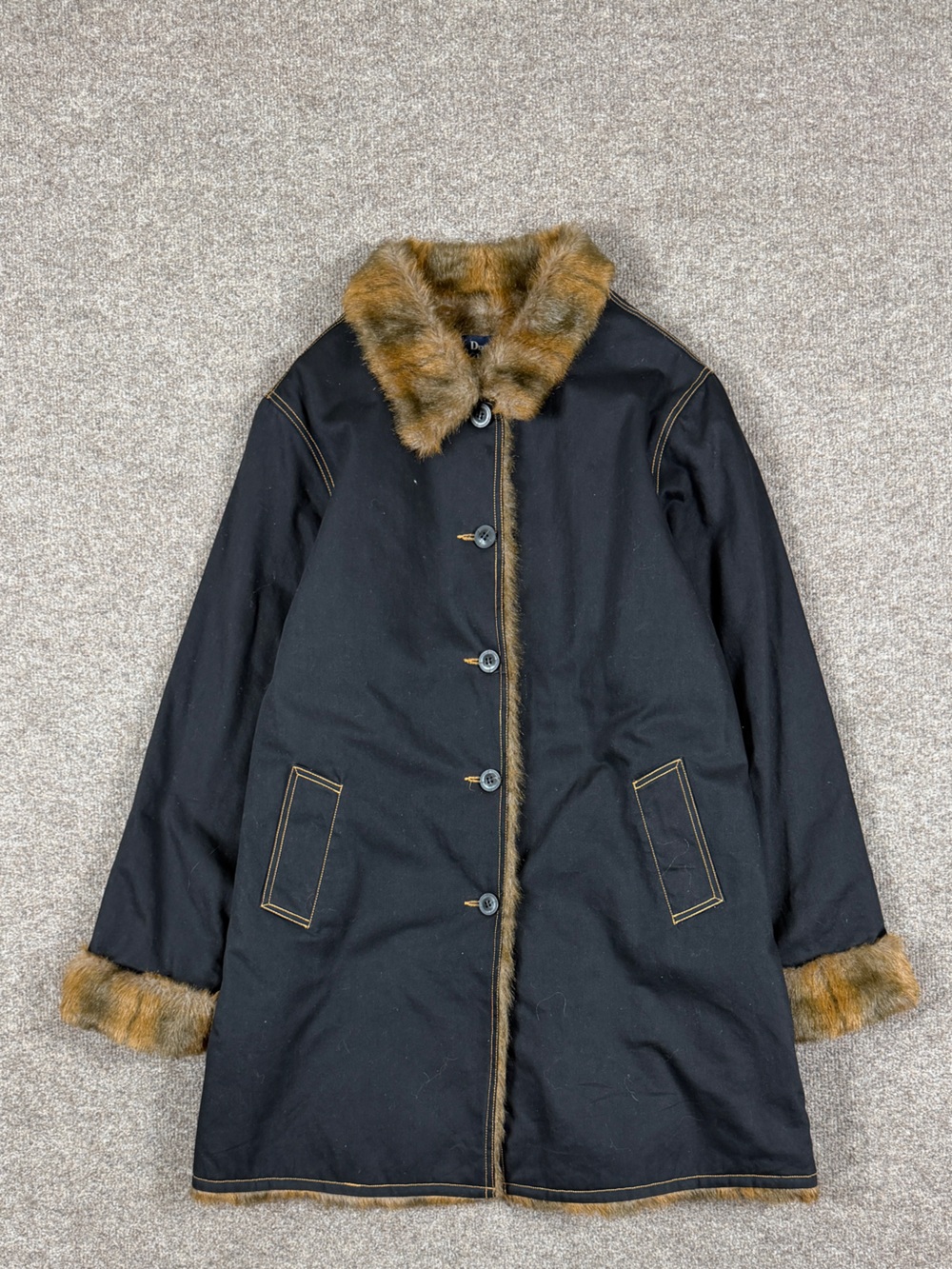 Black Denim Mid Length Button Front Faux Fur Lined Coat Women’s Large Jacket Y2K